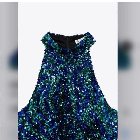 Zara Blue and Green SEQUIN HALTER DRESS - Picture 11 of 12
